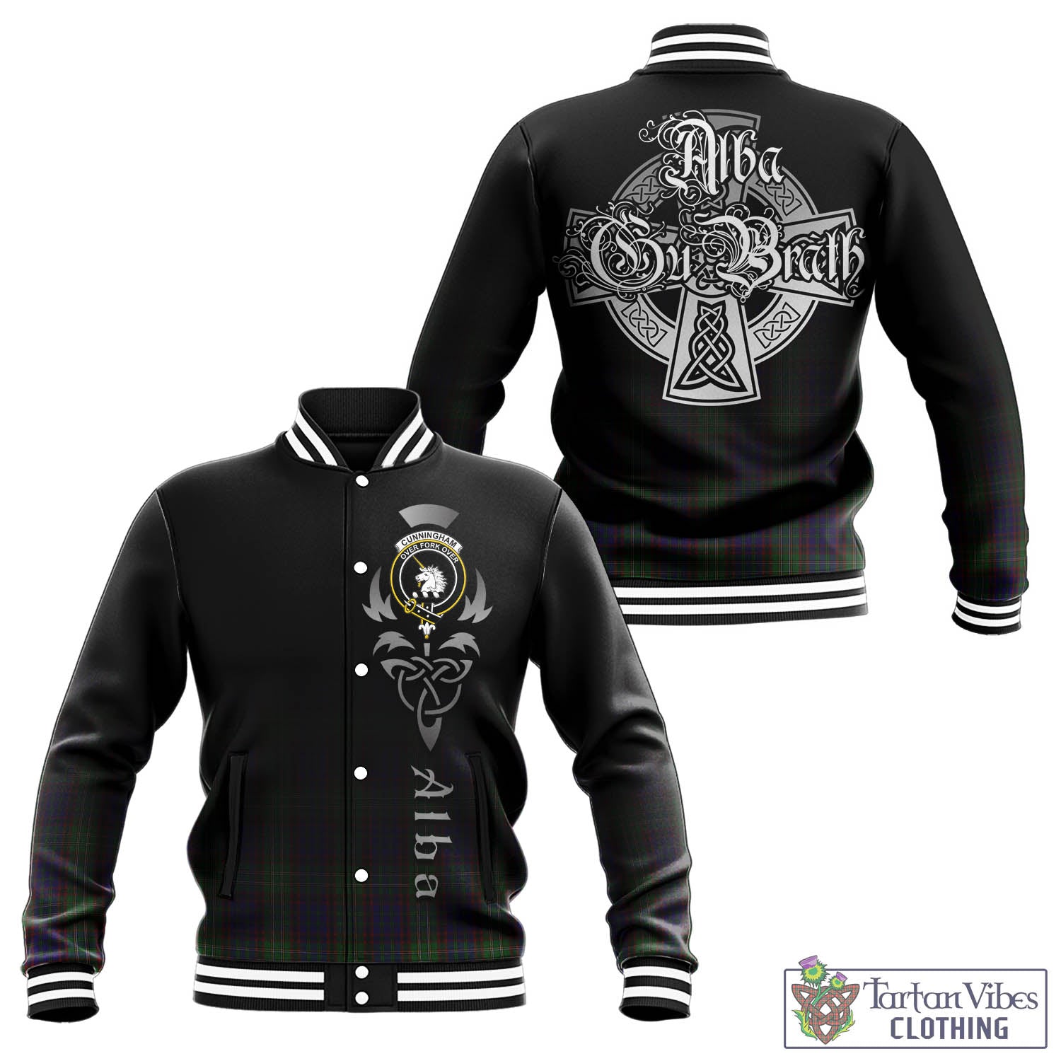 Tartan Vibes Clothing Cunningham Hunting Tartan Baseball Jacket Featuring Alba Gu Brath Family Crest Celtic Inspired