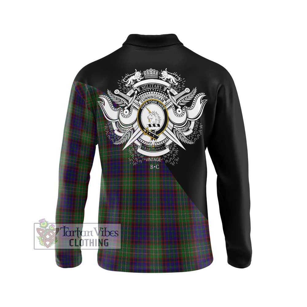 Cunningham Hunting Tartan Long Sleeve Polo Shirt with Family Crest and Military Logo Style - Tartanvibesclothing Shop