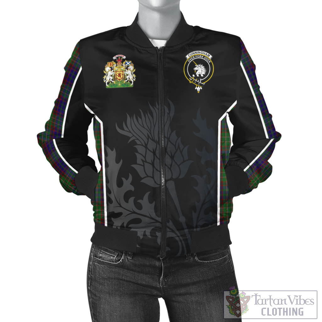 Tartan Vibes Clothing Cunningham Hunting Tartan Bomber Jacket with Family Crest and Scottish Thistle Vibes Sport Style