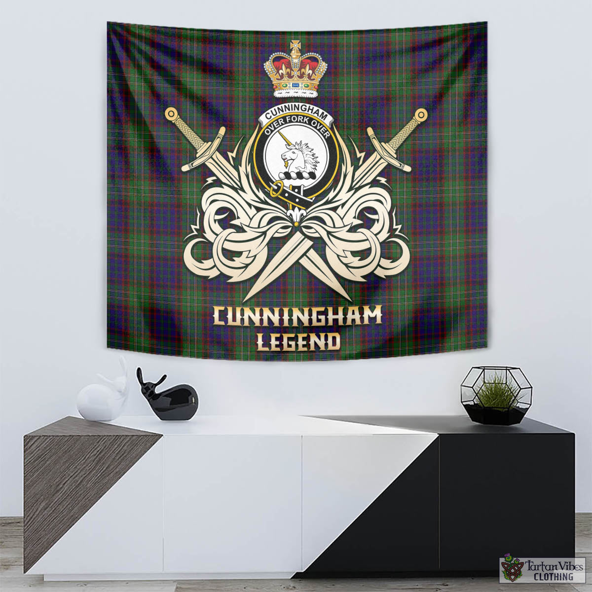 Tartan Vibes Clothing Cunningham Hunting Tartan Tapestry with Clan Crest and the Golden Sword of Courageous Legacy