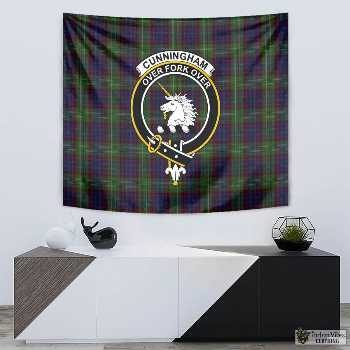 Tartan Vibes Clothing Cunningham Hunting Tartan Tapestry Wall Hanging and Home Decor for Room with Family Crest