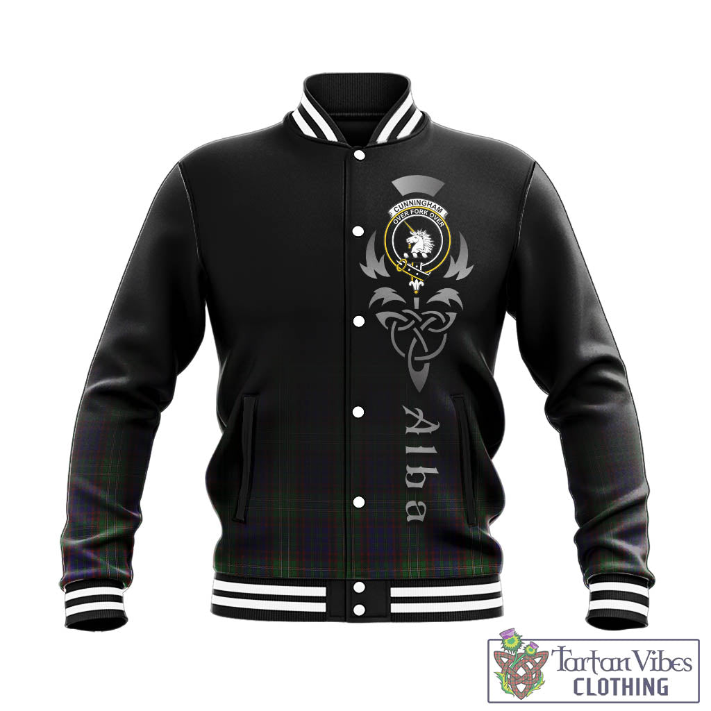 Tartan Vibes Clothing Cunningham Hunting Tartan Baseball Jacket Featuring Alba Gu Brath Family Crest Celtic Inspired