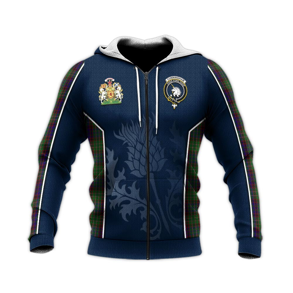 Tartan Vibes Clothing Cunningham Hunting Tartan Knitted Hoodie with Family Crest and Scottish Thistle Vibes Sport Style