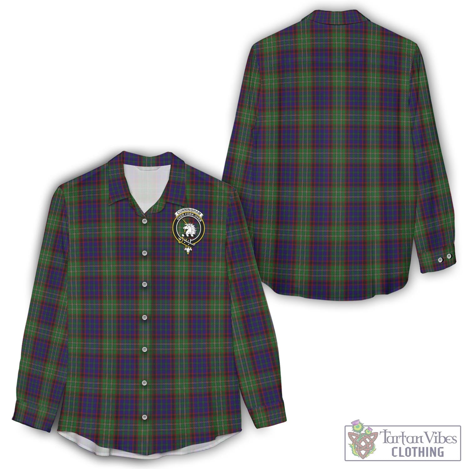 Tartan Vibes Clothing Cunningham Hunting Tartan Womens Casual Shirt with Family Crest