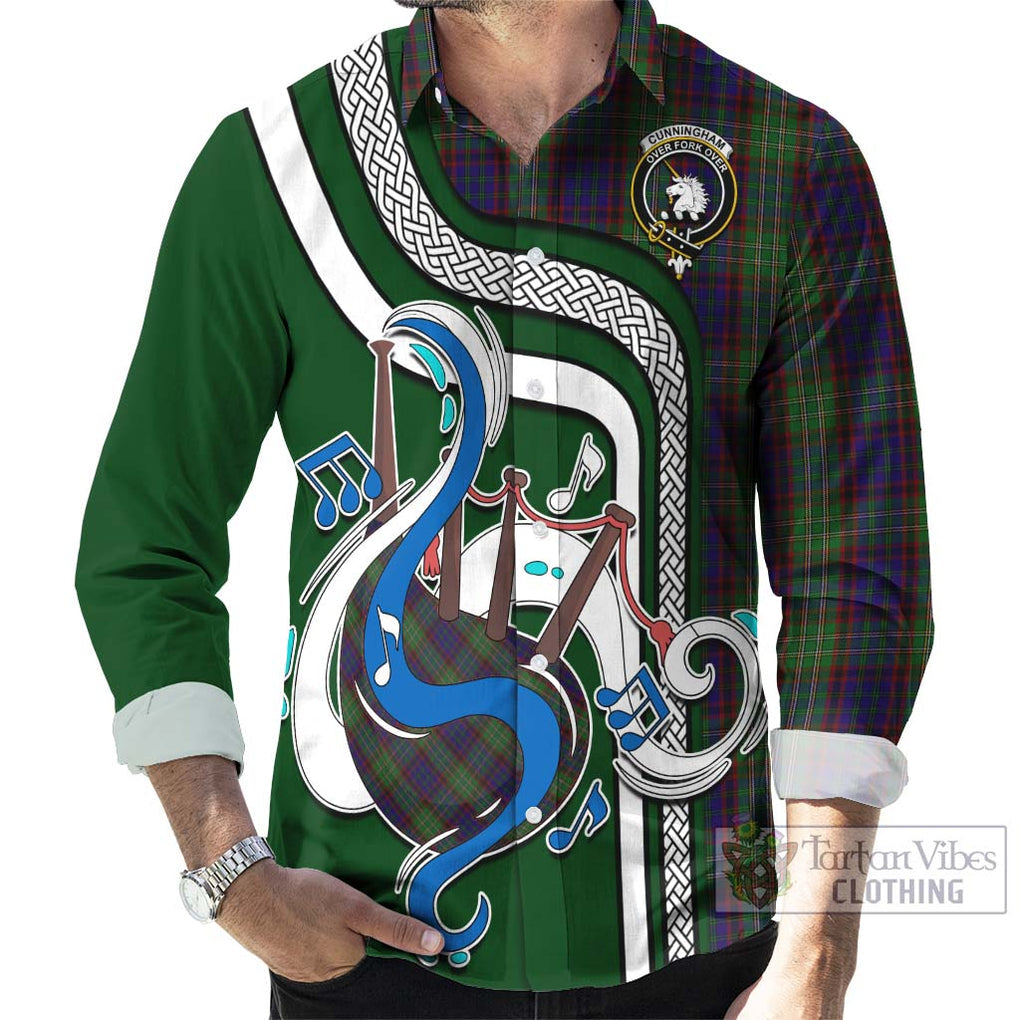 Cunningham Hunting Tartan Long Sleeve Button Shirt with Epic Bagpipe Style - Tartanvibesclothing Shop