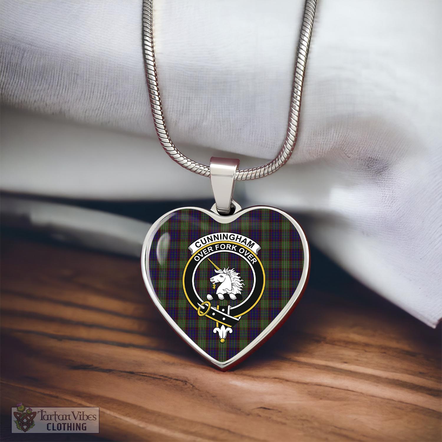 Tartan Vibes Clothing Cunningham Hunting Tartan Heart Necklace with Family Crest