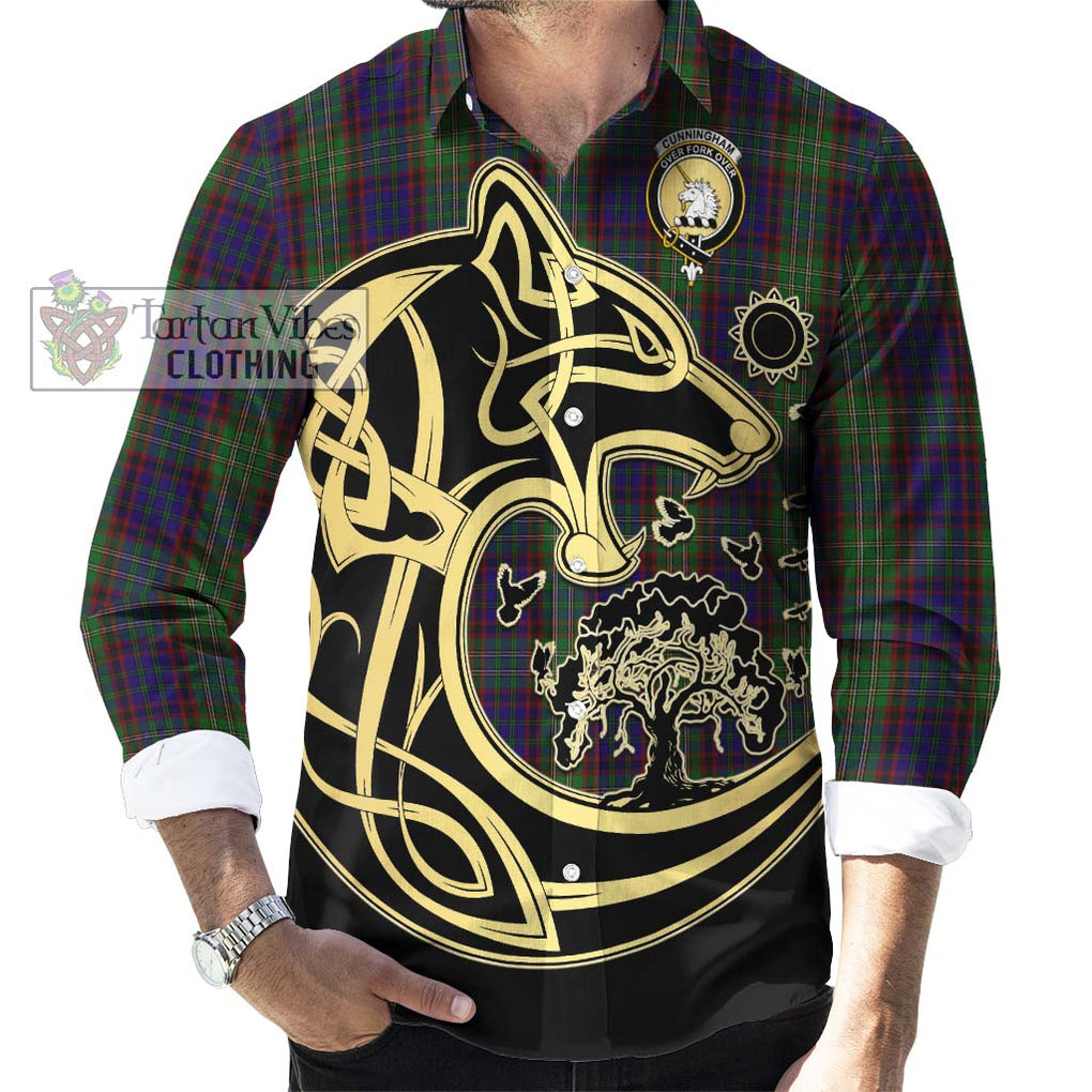 Cunningham Hunting Tartan Long Sleeve Button Shirt with Family Crest Celtic Wolf Style - Tartan Vibes Clothing