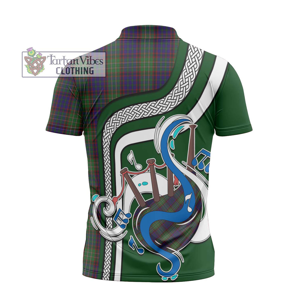 Cunningham Hunting Tartan Zipper Polo Shirt with Epic Bagpipe Style - Tartanvibesclothing Shop