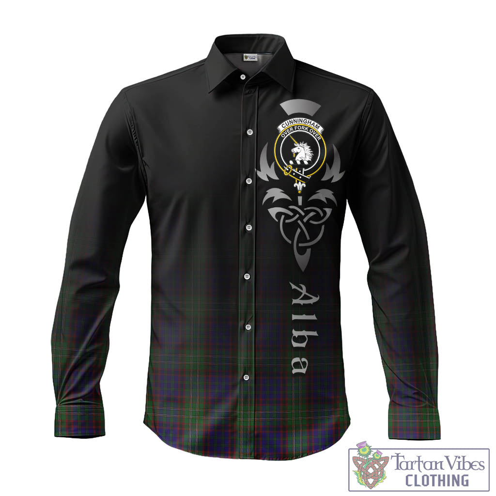 Tartan Vibes Clothing Cunningham Hunting Tartan Long Sleeve Button Up Featuring Alba Gu Brath Family Crest Celtic Inspired