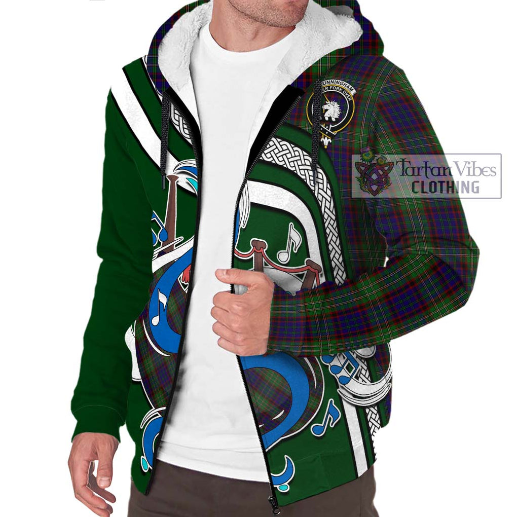 Cunningham Hunting Tartan Sherpa Hoodie with Epic Bagpipe Style Unisex - Tartanvibesclothing Shop