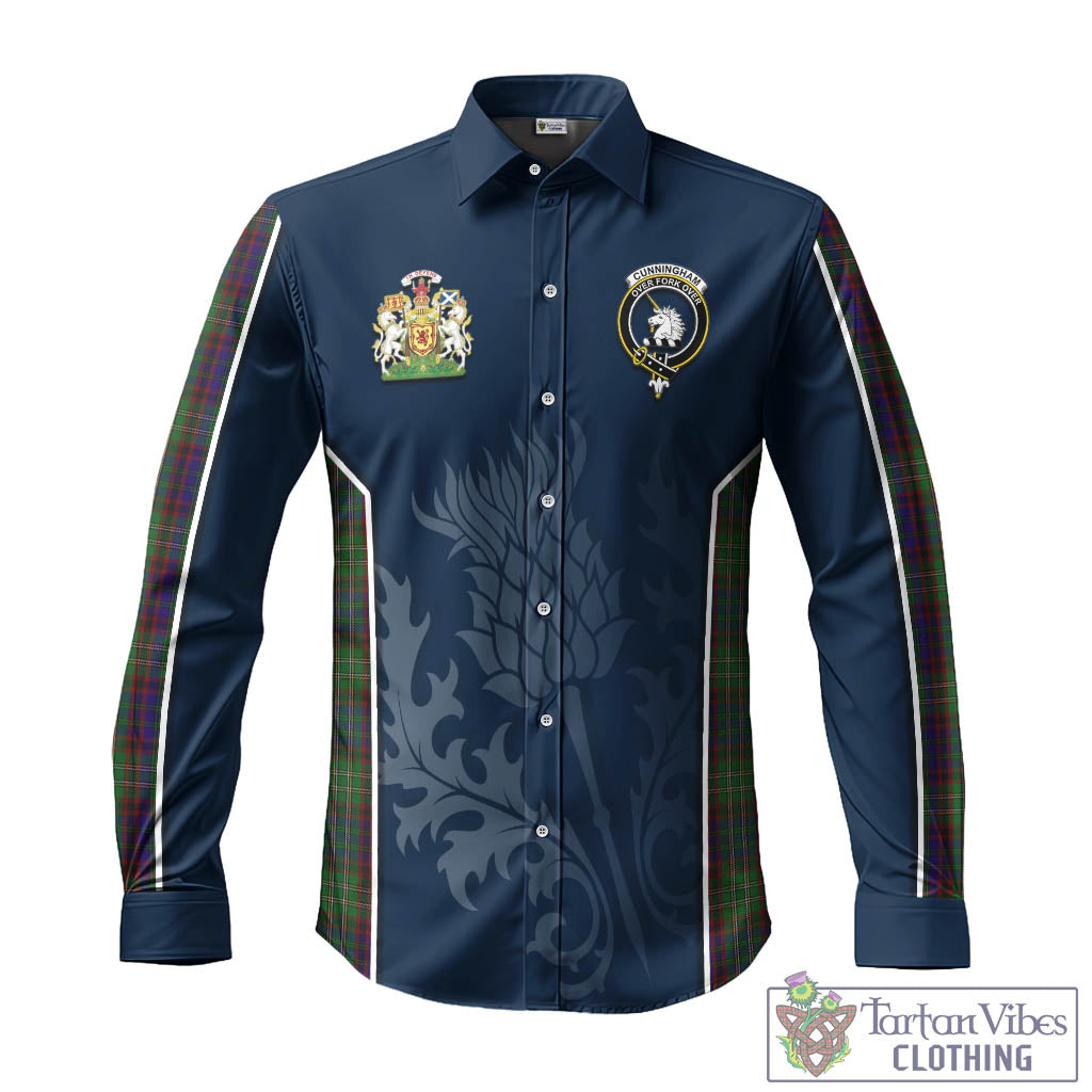 Tartan Vibes Clothing Cunningham Hunting Tartan Long Sleeve Button Up Shirt with Family Crest and Scottish Thistle Vibes Sport Style