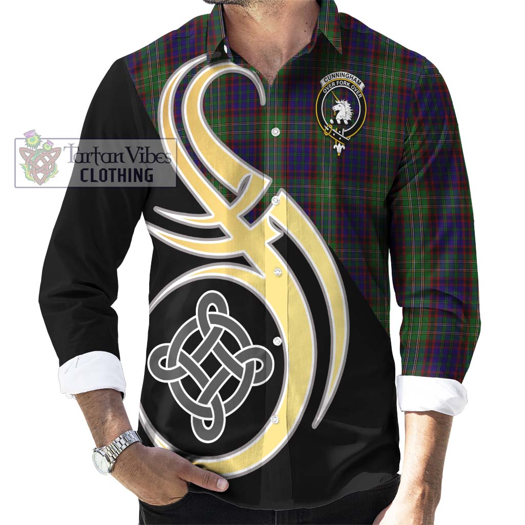 Cunningham Hunting Tartan Long Sleeve Button Shirt with Family Crest and Celtic Symbol Style - Tartan Vibes Clothing