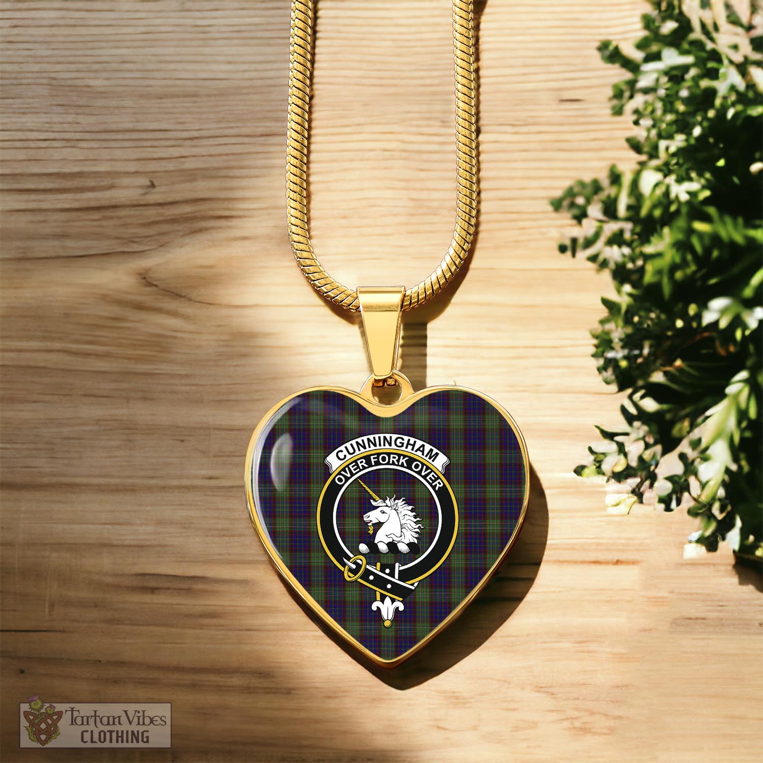 Tartan Vibes Clothing Cunningham Hunting Tartan Heart Necklace with Family Crest