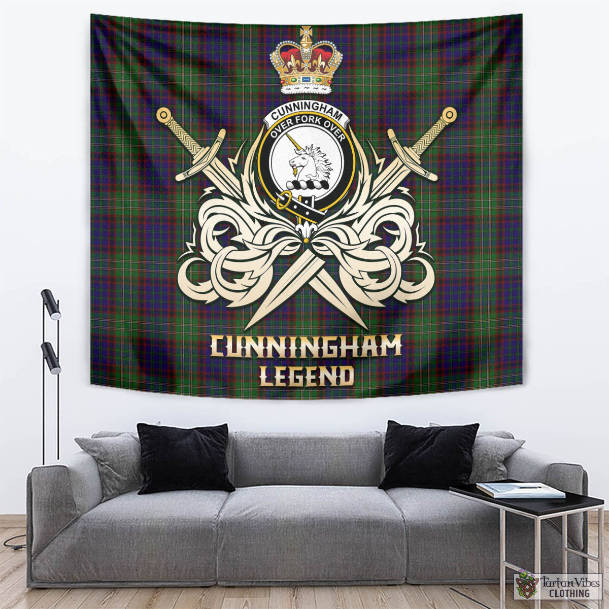 Tartan Vibes Clothing Cunningham Hunting Tartan Tapestry with Clan Crest and the Golden Sword of Courageous Legacy