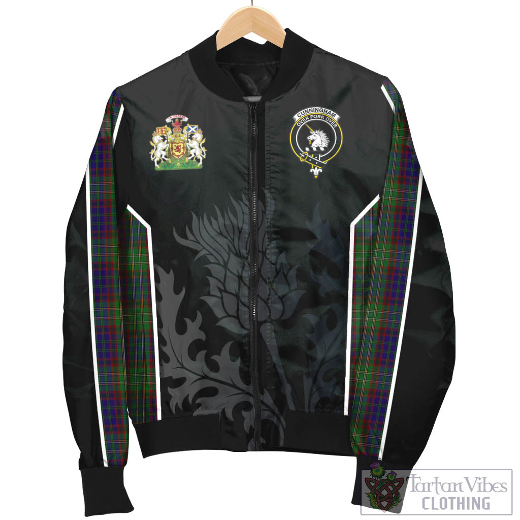 Tartan Vibes Clothing Cunningham Hunting Tartan Bomber Jacket with Family Crest and Scottish Thistle Vibes Sport Style