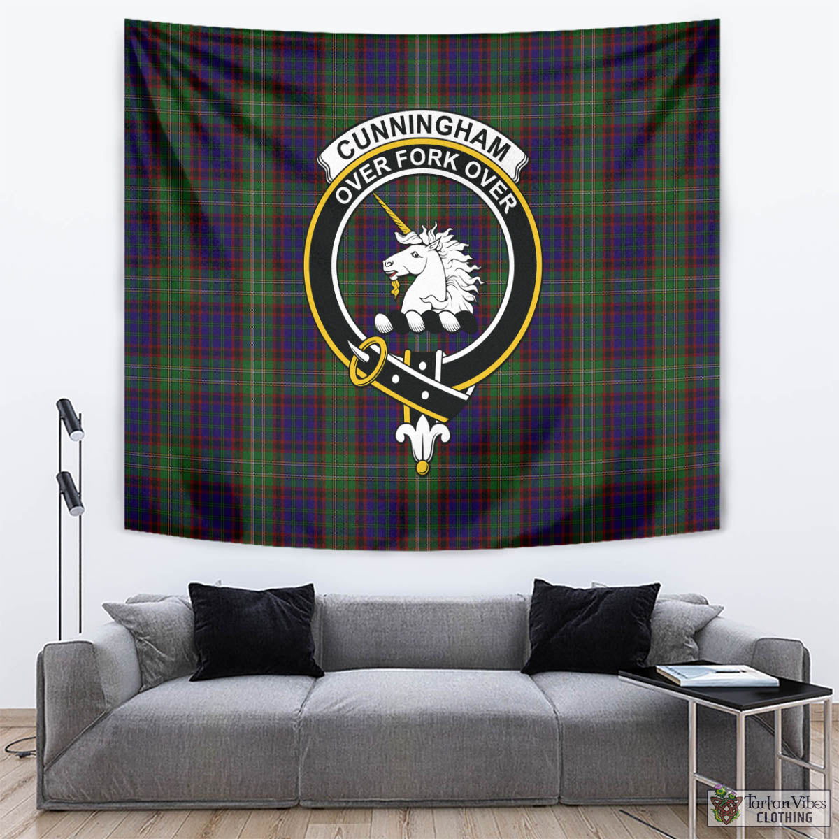 Tartan Vibes Clothing Cunningham Hunting Tartan Tapestry Wall Hanging and Home Decor for Room with Family Crest