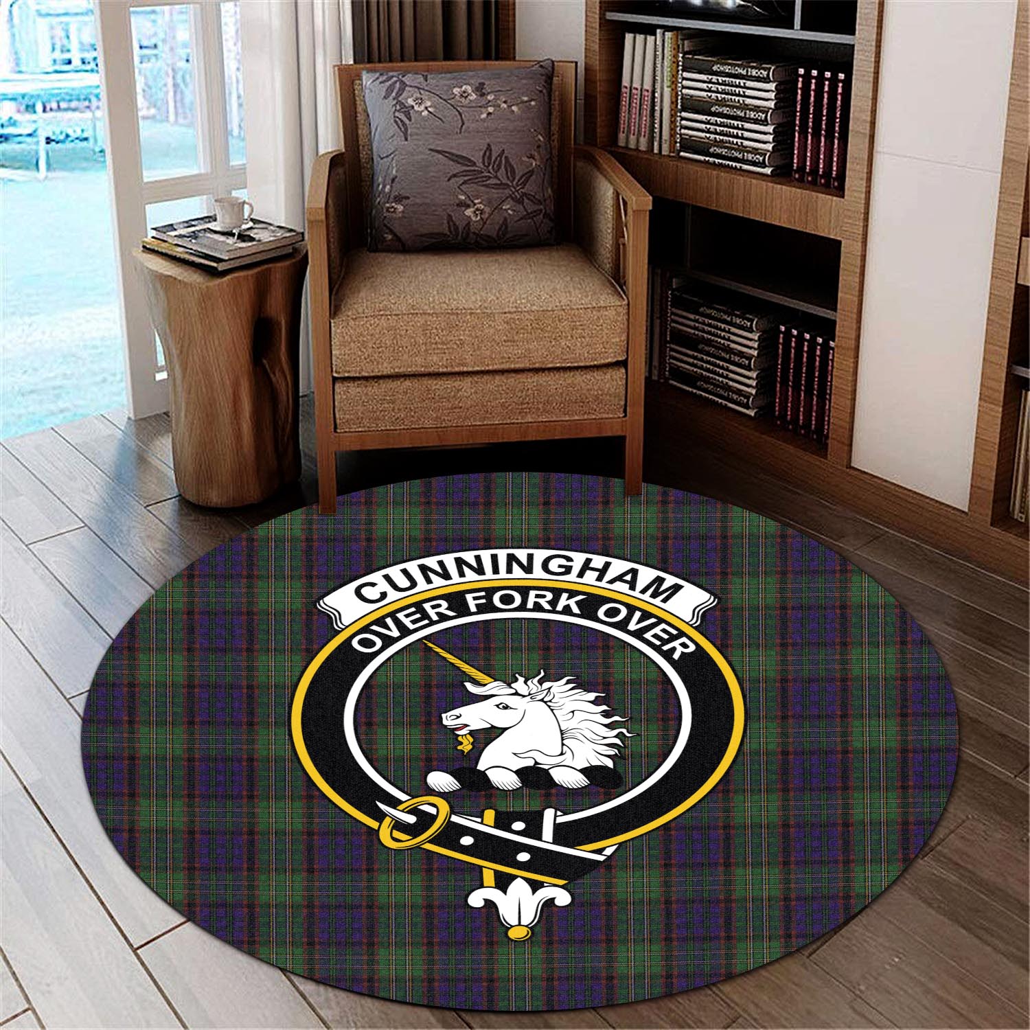 Cunningham Hunting Tartan Round Rug with Family Crest - Tartanvibesclothing