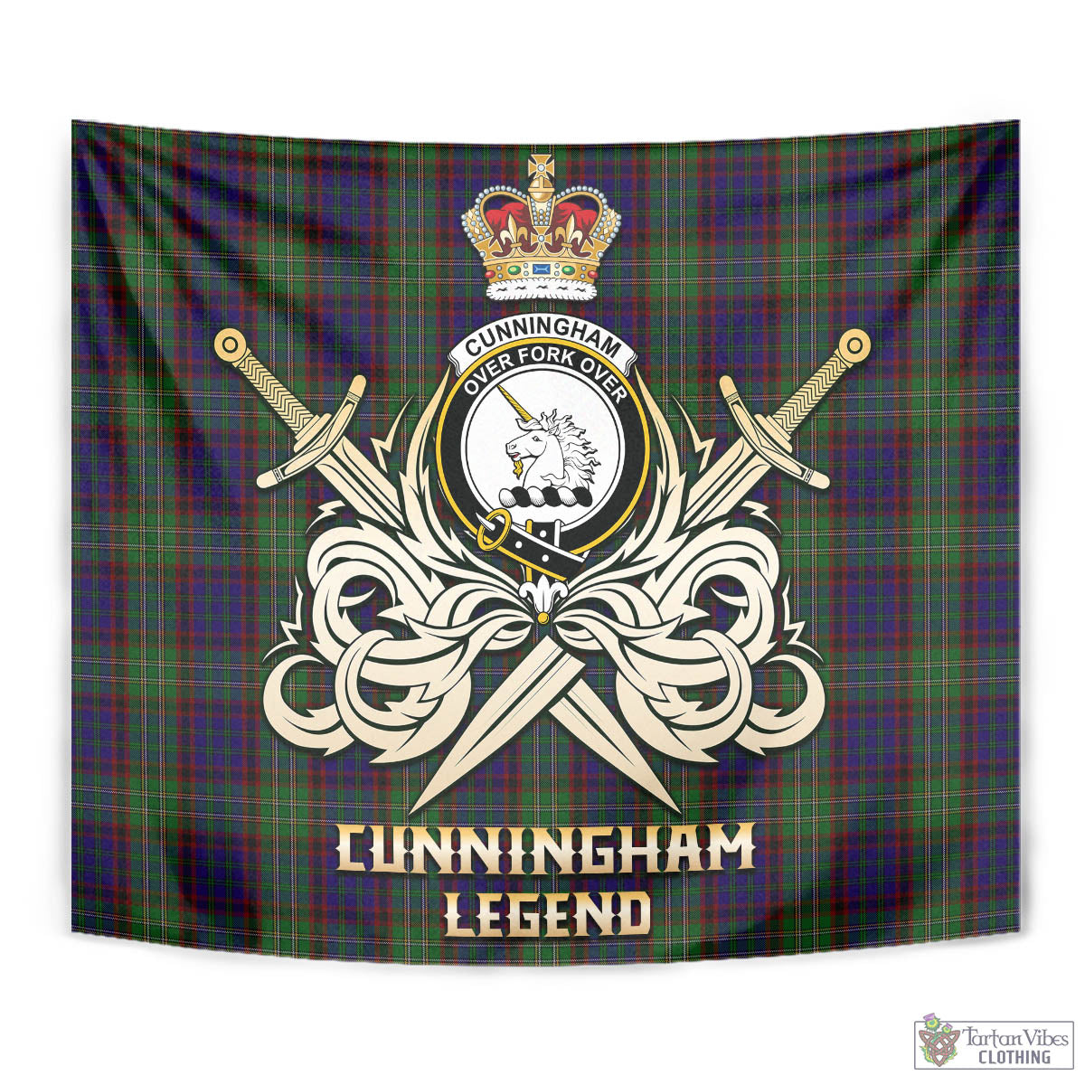 Tartan Vibes Clothing Cunningham Hunting Tartan Tapestry with Clan Crest and the Golden Sword of Courageous Legacy