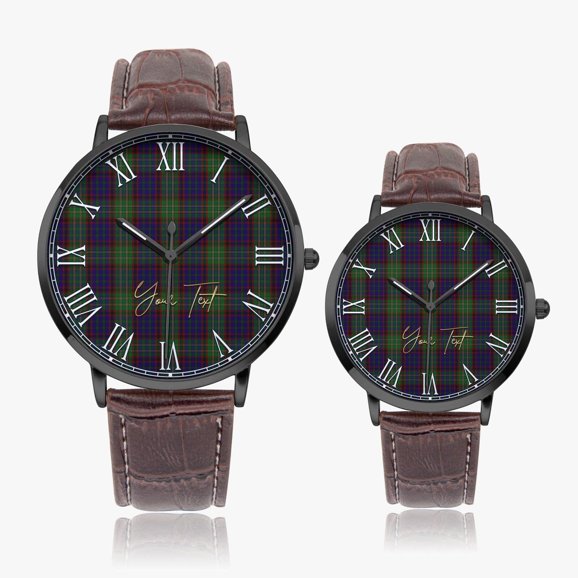 Cunningham Hunting Tartan Personalized Your Text Leather Trap Quartz Watch Ultra Thin Black Case With Brown Leather Strap - Tartanvibesclothing