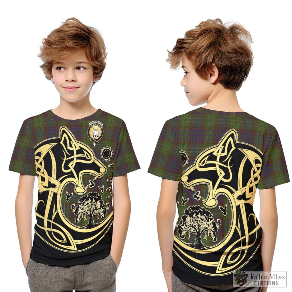 Cunningham Hunting Modern Tartan Kid T-Shirt with Family Crest Celtic Wolf Style Youth XL Size14 - Tartan Vibes Clothing