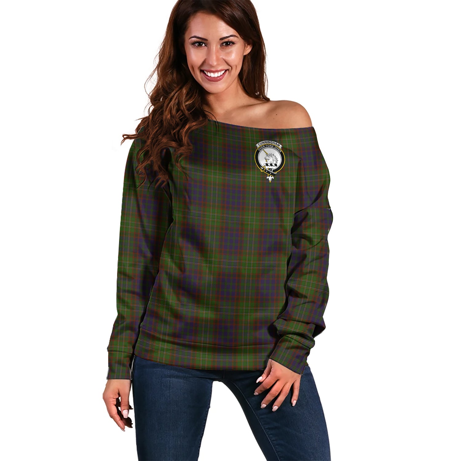 Cunningham Hunting Modern Tartan Off Shoulder Women Sweater with Family Crest Women - Tartanvibesclothing