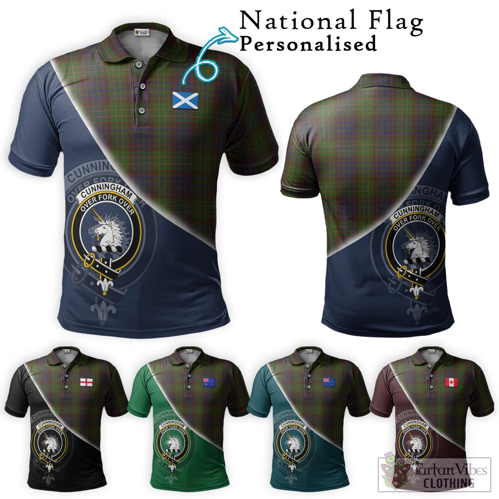 Cunningham Hunting Modern Tartan Polo Shirt with Personalised National Flag and Family Crest Half Style Maroon - Tartanvibesclothing Shop