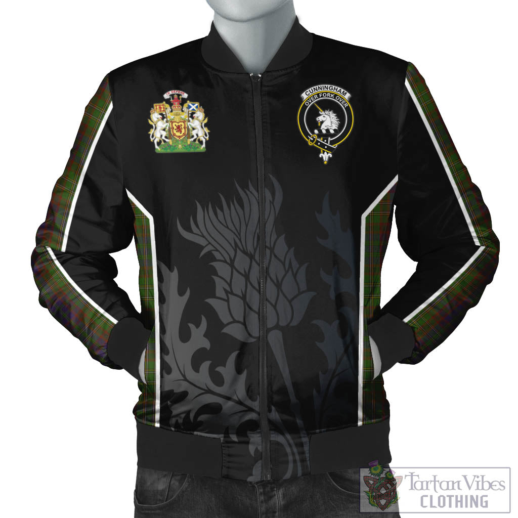 Tartan Vibes Clothing Cunningham Hunting Modern Tartan Bomber Jacket with Family Crest and Scottish Thistle Vibes Sport Style