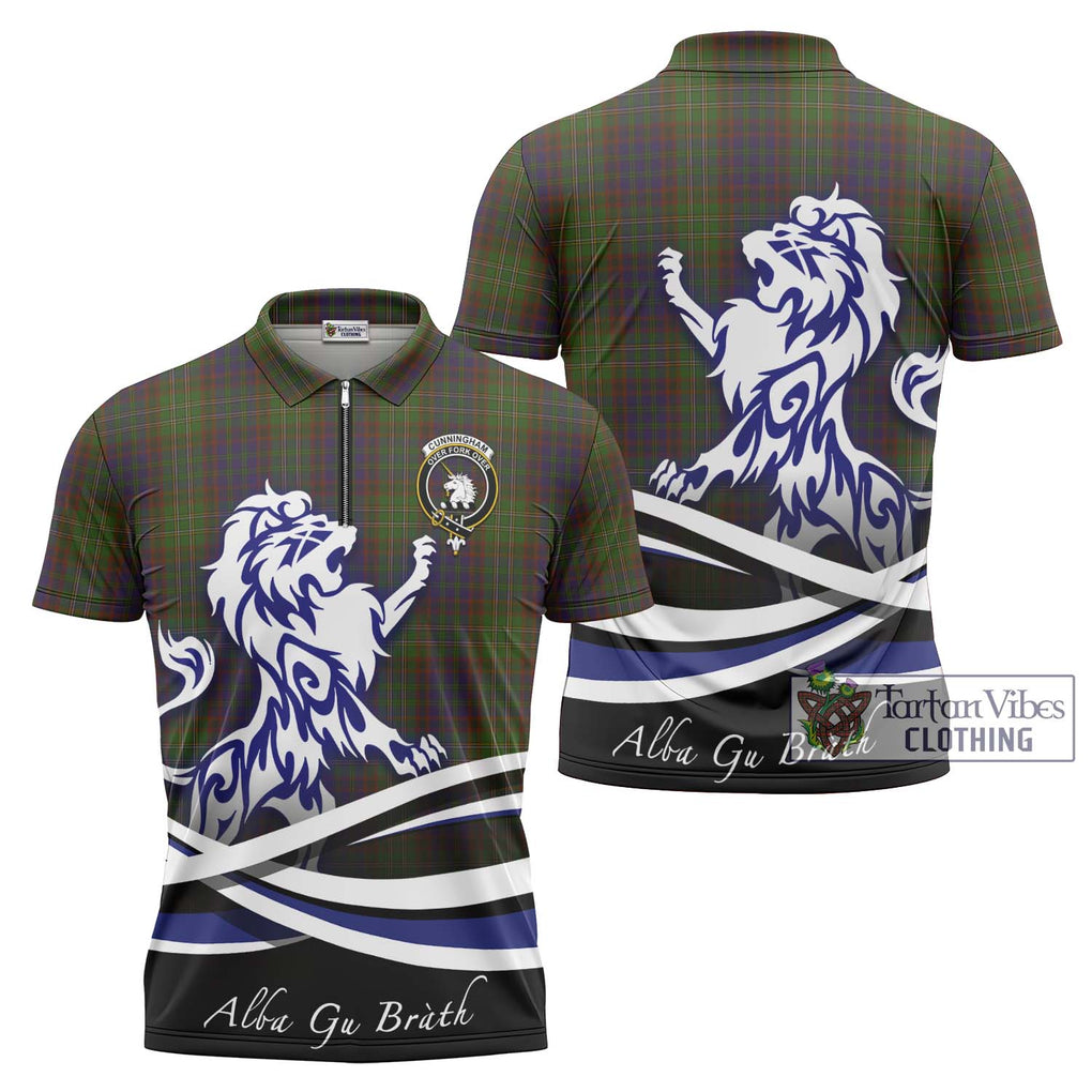 Cunningham Hunting Modern Tartan Zipper Polo Shirt with Alba Gu Brath Regal Lion Emblem Unisex - Tartanvibesclothing Shop