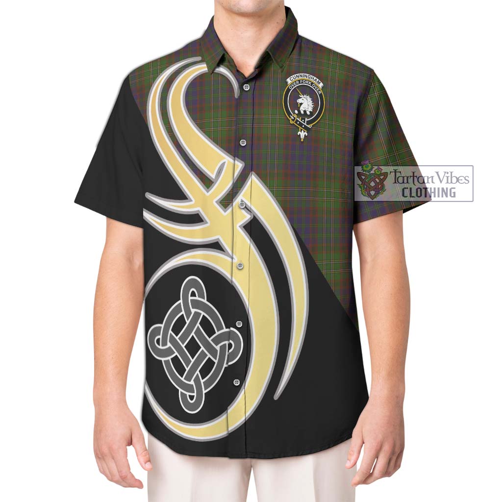 Cunningham Hunting Modern Tartan Short Sleeve Button Shirt with Family Crest and Celtic Symbol Style Kid - Tartan Vibes Clothing