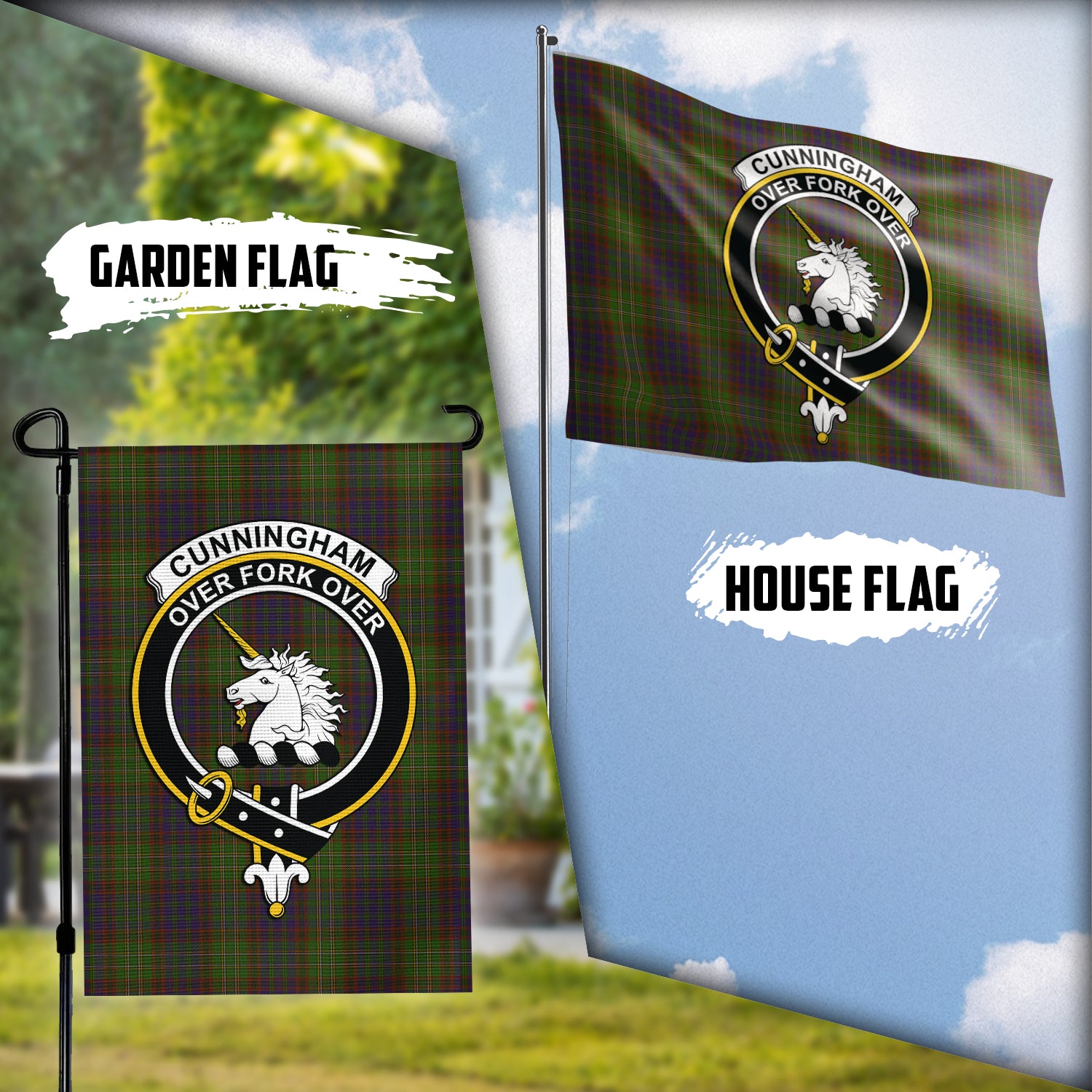 Cunningham Hunting Modern Tartan Flag with Family Crest Garden Flag (Vertical) - Tartan Vibes Clothing