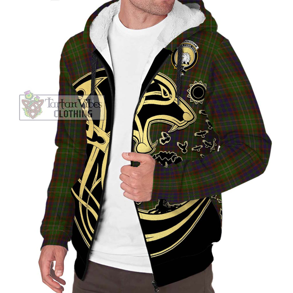 Cunningham Hunting Modern Tartan Sherpa Hoodie with Family Crest Celtic Wolf Style Unisex S - Tartan Vibes Clothing