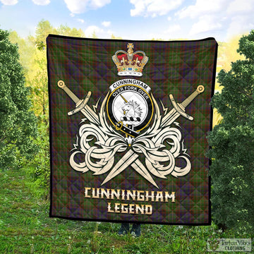 Cunningham Hunting Modern Tartan Quilt with Clan Crest and the Golden Sword of Courageous Legacy