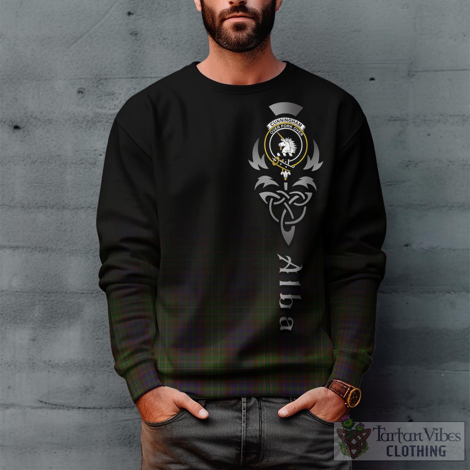 Tartan Vibes Clothing Cunningham Hunting Modern Tartan Sweatshirt Featuring Alba Gu Brath Family Crest Celtic Inspired