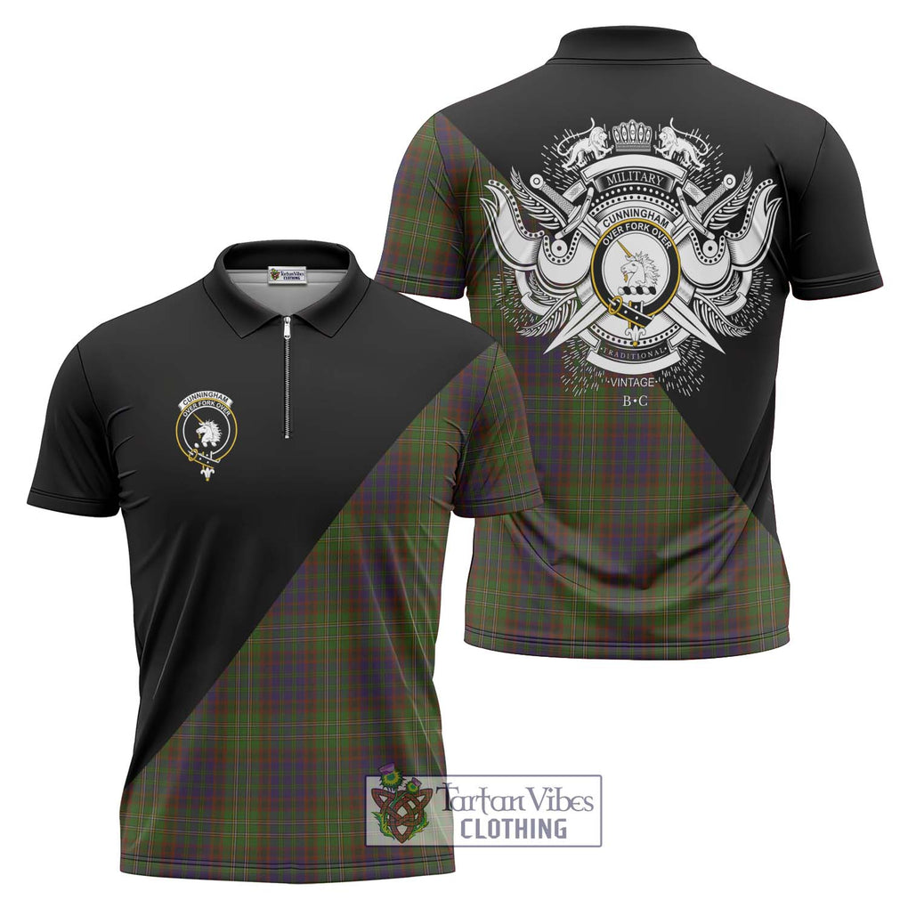 Cunningham Hunting Modern Tartan Zipper Polo Shirt with Family Crest and Military Logo Style Unisex - Tartanvibesclothing Shop