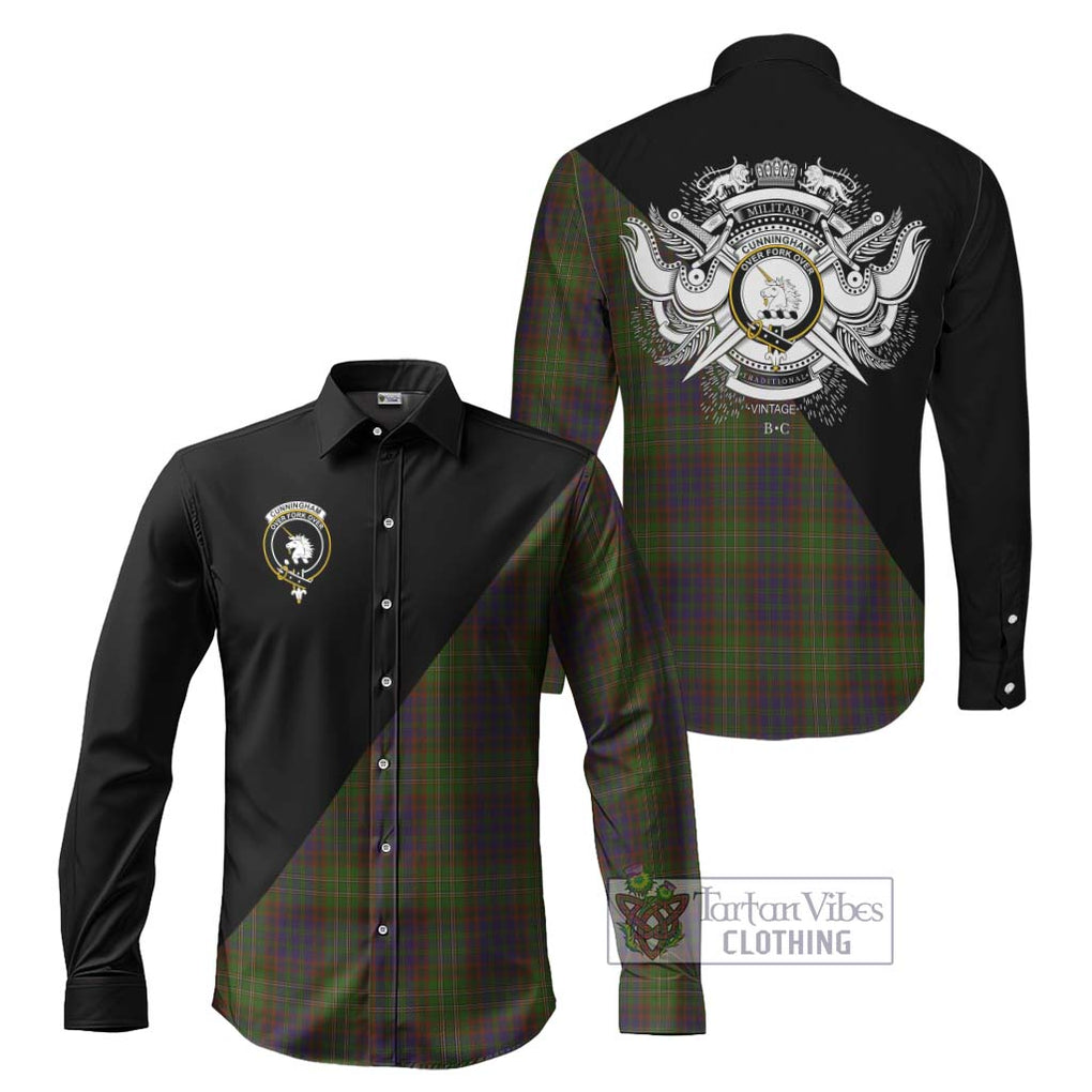 Cunningham Hunting Modern Tartan Long Sleeve Button Shirt with Family Crest and Military Logo Style Men's Shirt S - Tartanvibesclothing Shop