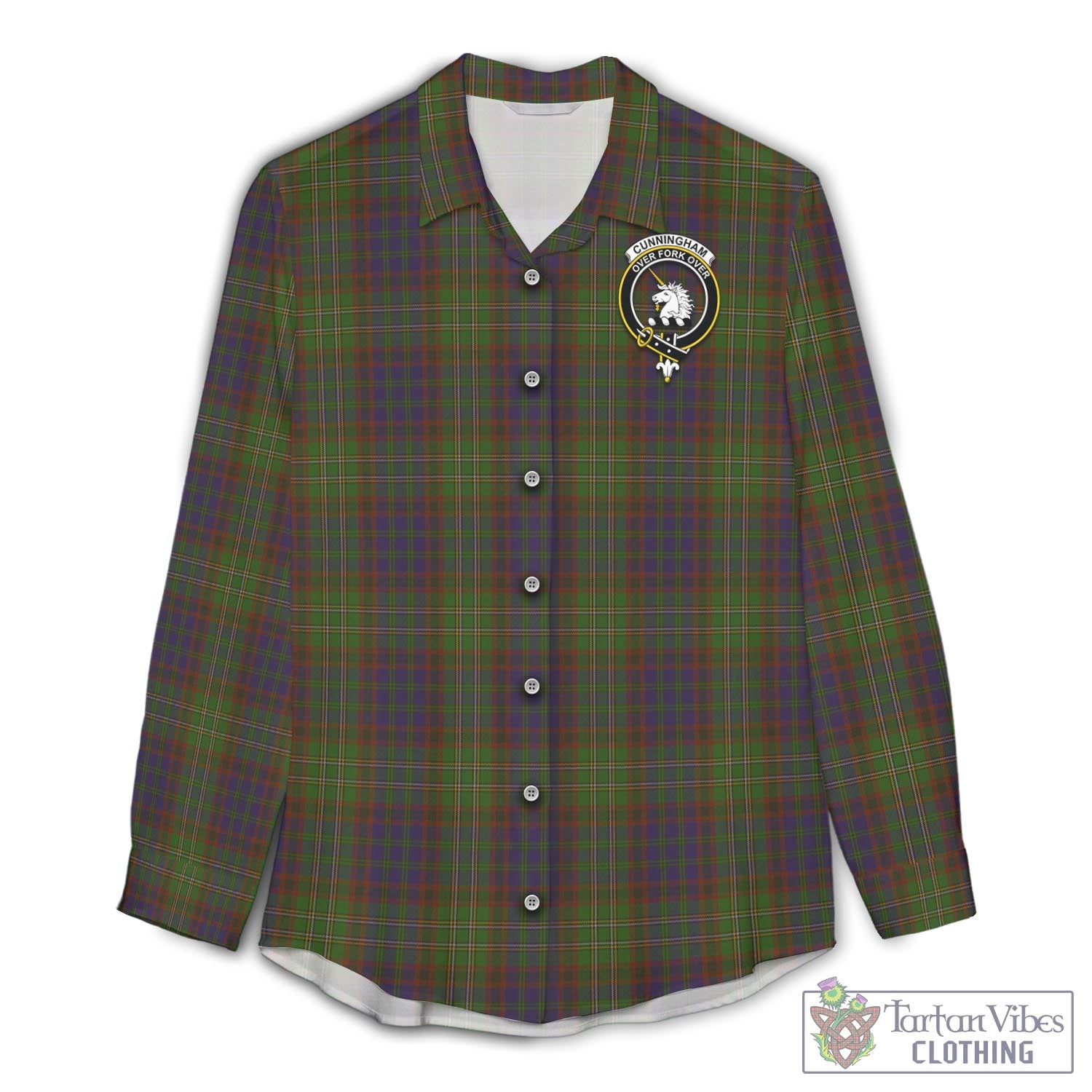 Tartan Vibes Clothing Cunningham Hunting Modern Tartan Womens Casual Shirt with Family Crest