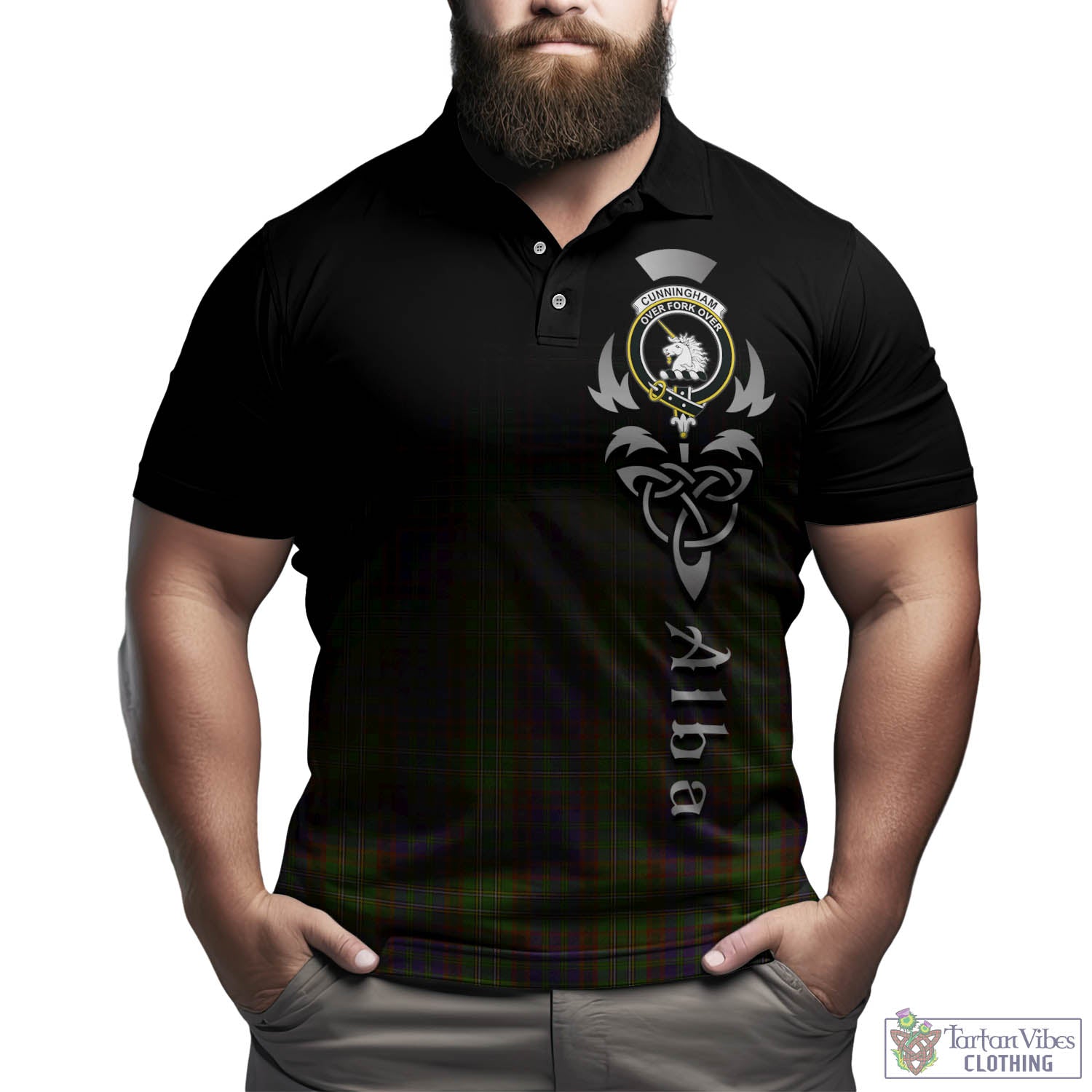 Tartan Vibes Clothing Cunningham Hunting Modern Tartan Polo Shirt Featuring Alba Gu Brath Family Crest Celtic Inspired