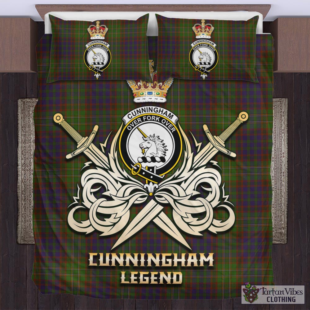 Tartan Vibes Clothing Cunningham Hunting Modern Tartan Bedding Set with Clan Crest and the Golden Sword of Courageous Legacy