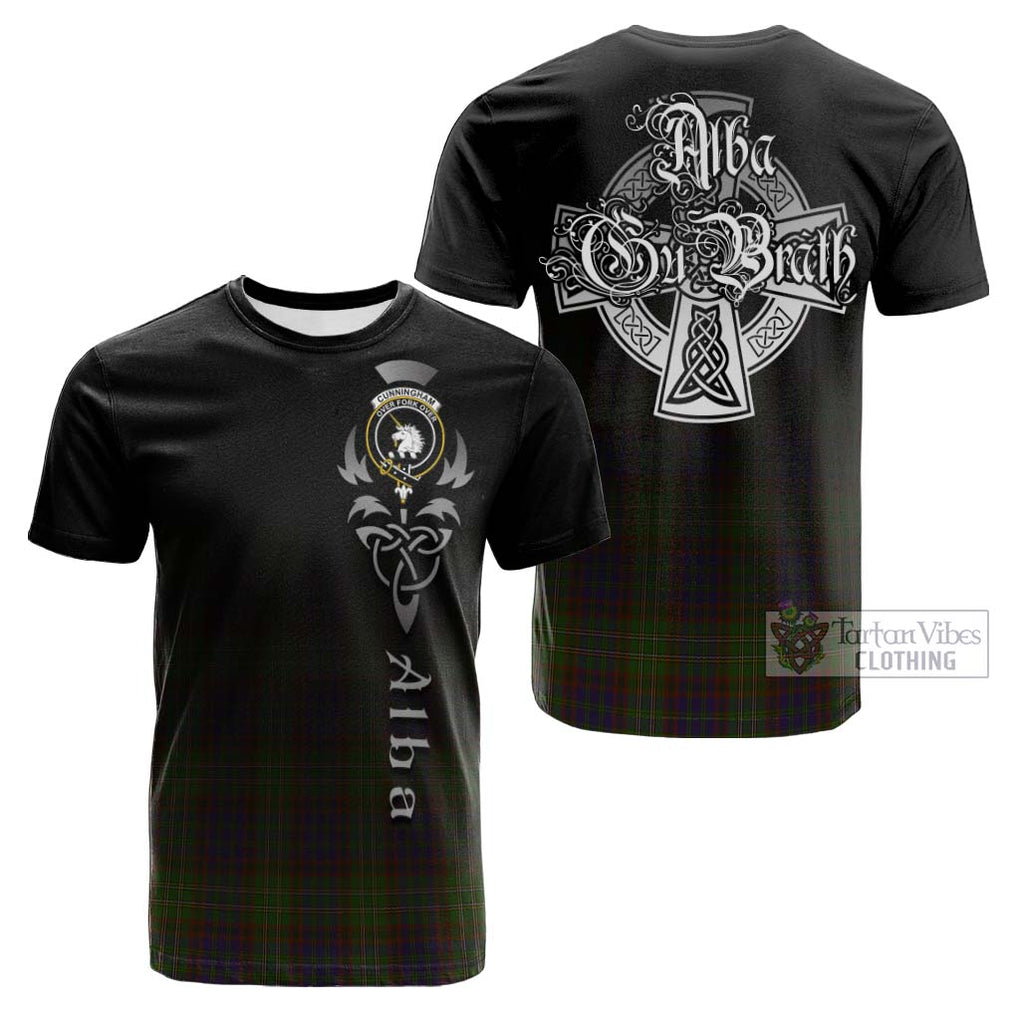 Tartan Vibes Clothing Cunningham Hunting Modern Tartan Cotton T-shirt Featuring Alba Gu Brath Family Crest Celtic Inspired