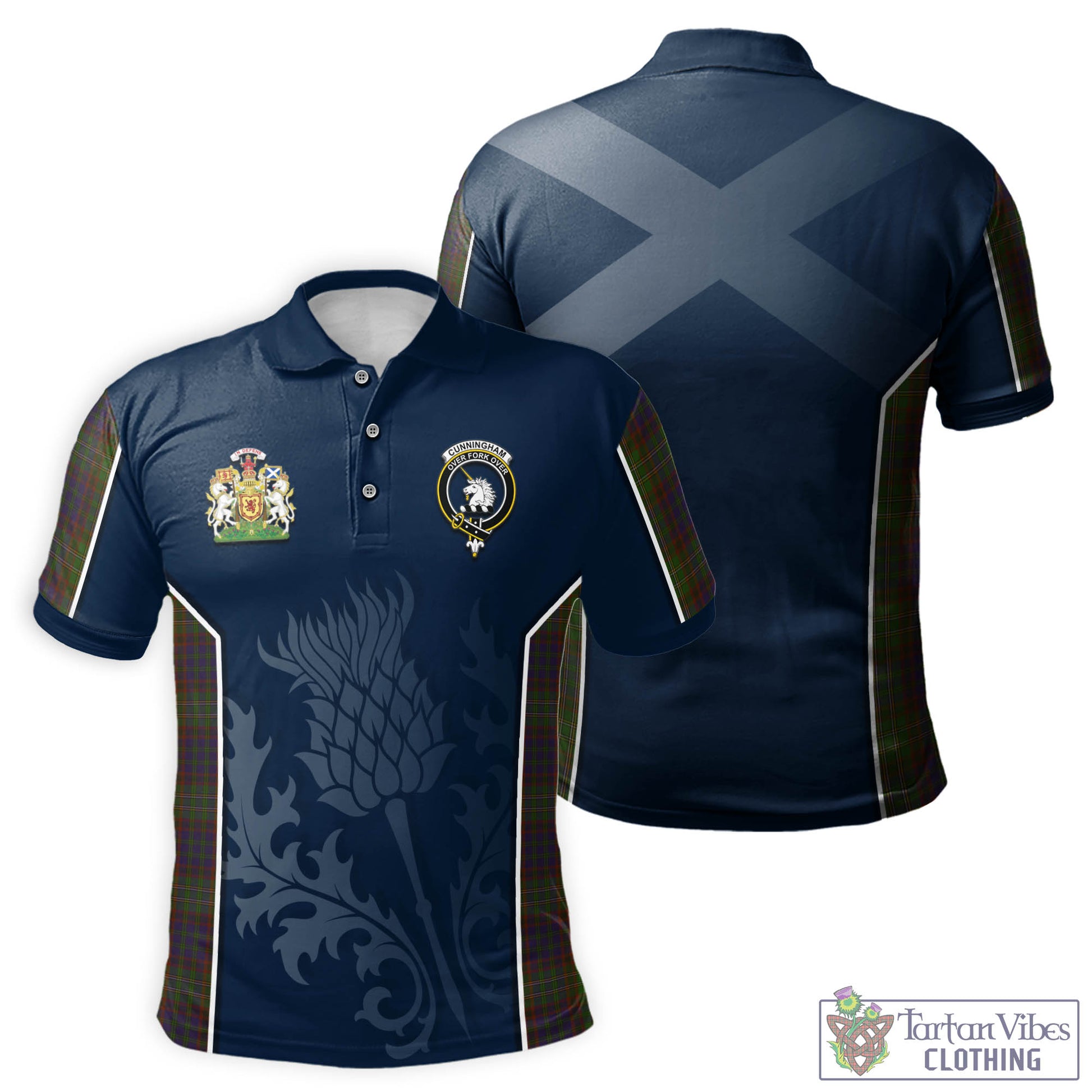 Tartan Vibes Clothing Cunningham Hunting Modern Tartan Men's Polo Shirt with Family Crest and Scottish Thistle Vibes Sport Style