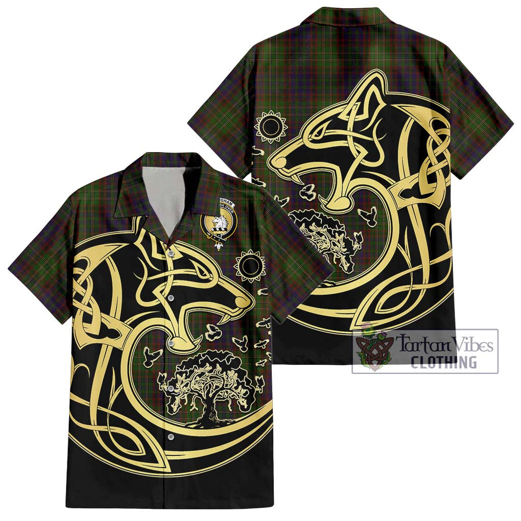 Cunningham Hunting Modern Tartan Short Sleeve Button Shirt with Family Crest Celtic Wolf Style Kid - Tartan Vibes Clothing