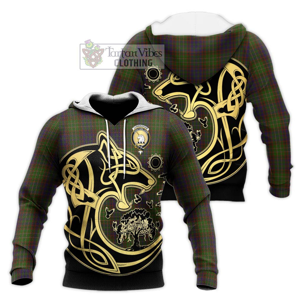 Cunningham Hunting Modern Tartan Knitted Hoodie with Family Crest Celtic Wolf Style Unisex Knitted Pullover Hoodie - Tartan Vibes Clothing