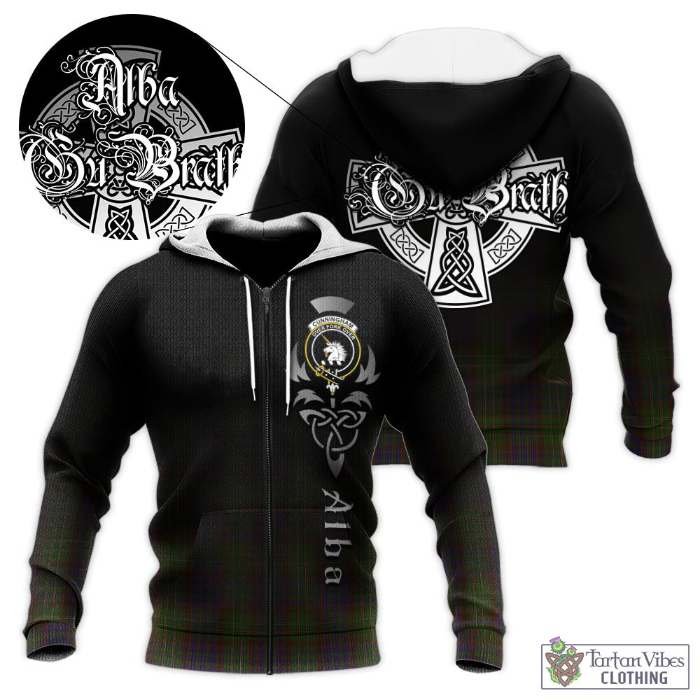 Tartan Vibes Clothing Cunningham Hunting Modern Tartan Knitted Hoodie Featuring Alba Gu Brath Family Crest Celtic Inspired