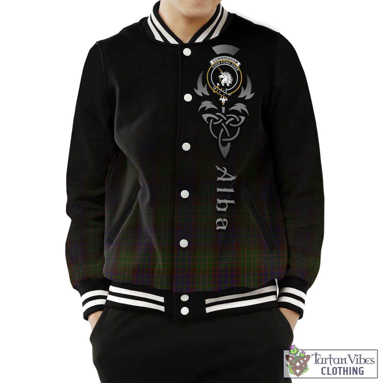 Tartan Vibes Clothing Cunningham Hunting Modern Tartan Baseball Jacket Featuring Alba Gu Brath Family Crest Celtic Inspired