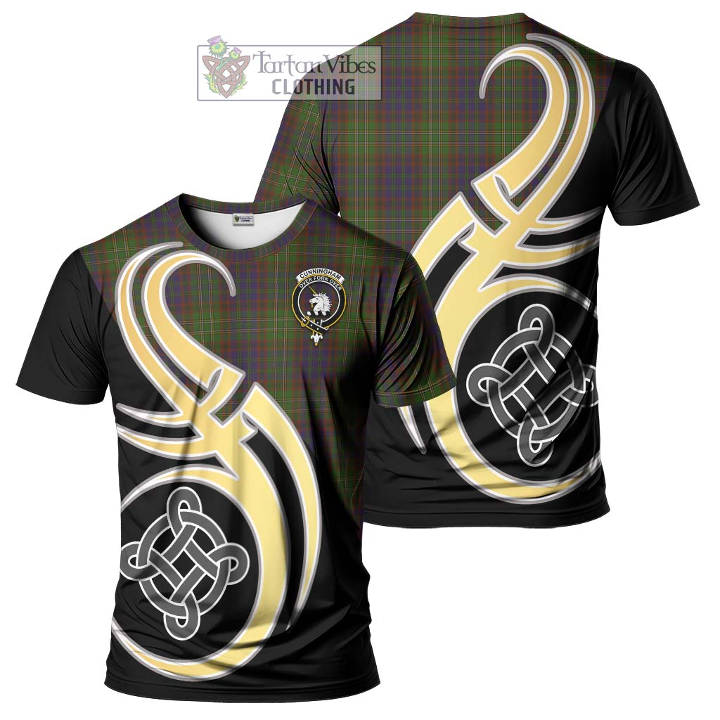 Tartan Vibes Clothing Cunningham Hunting Modern Tartan T-Shirt with Family Crest and Celtic Symbol Style