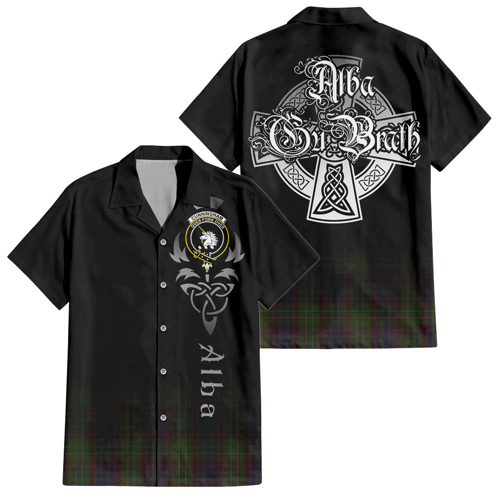 Tartan Vibes Clothing Cunningham Hunting Modern Tartan Short Sleeve Button Up Featuring Alba Gu Brath Family Crest Celtic Inspired