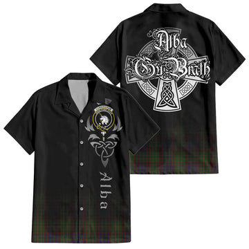 Cunningham Hunting Modern Tartan Short Sleeve Button Up Shirt Featuring Alba Gu Brath Family Crest Celtic Inspired