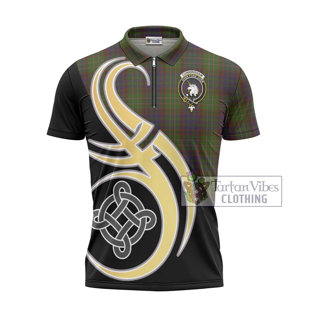 Tartan Vibes Clothing Cunningham Hunting Modern Tartan Zipper Polo Shirt with Family Crest and Celtic Symbol Style