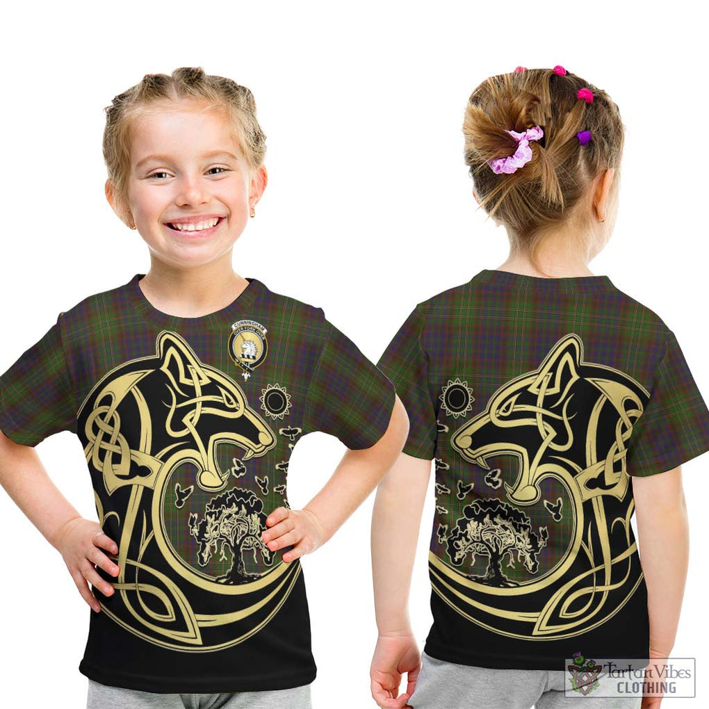 Cunningham Hunting Modern Tartan Kid T-Shirt with Family Crest Celtic Wolf Style - Tartan Vibes Clothing