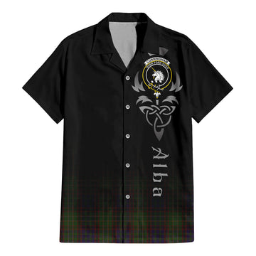 Cunningham Hunting Modern Tartan Short Sleeve Button Up Shirt Featuring Alba Gu Brath Family Crest Celtic Inspired